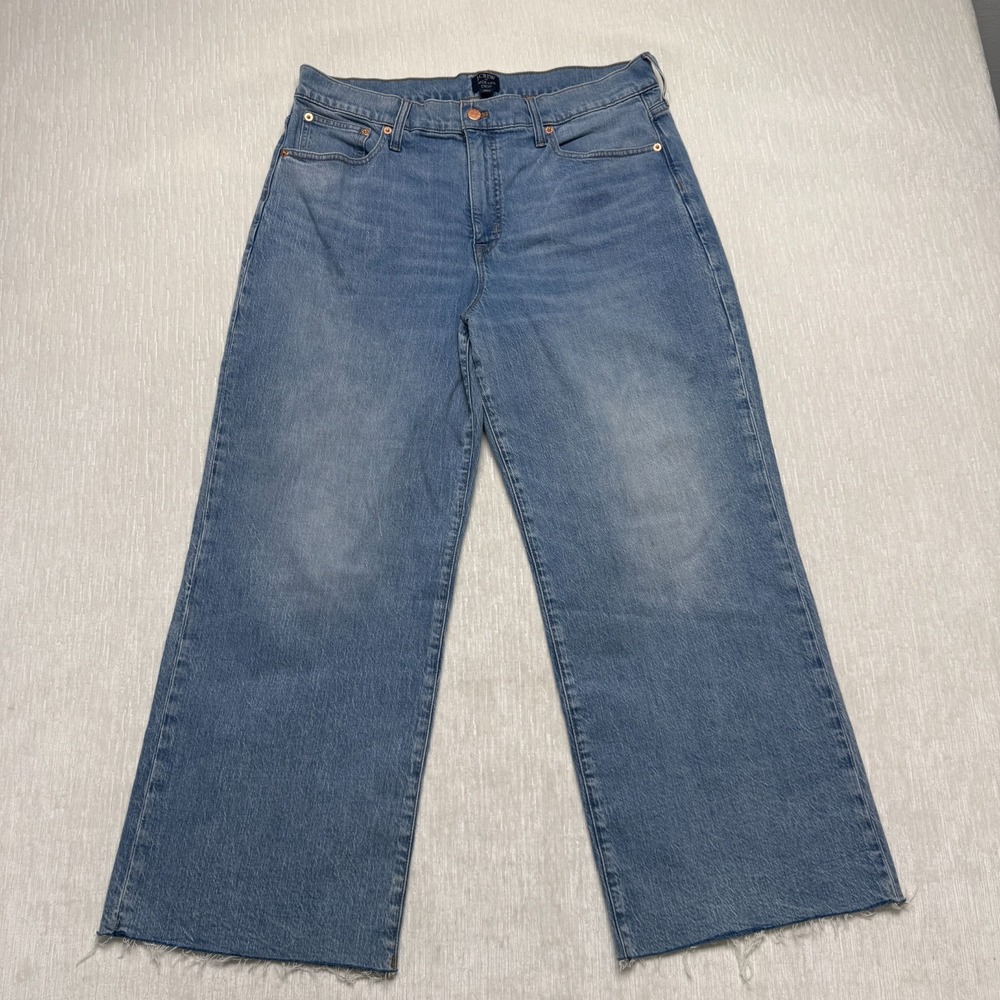 J.Crew Wide Leg Crop Jeans Womens 31 Blue Denim Cotton High Rise Frayed Hem